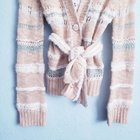 Sleeping On Snow Cream Striped Open Knit Button Down Belted Wool Blend Cardigan - Picture 2 of 7